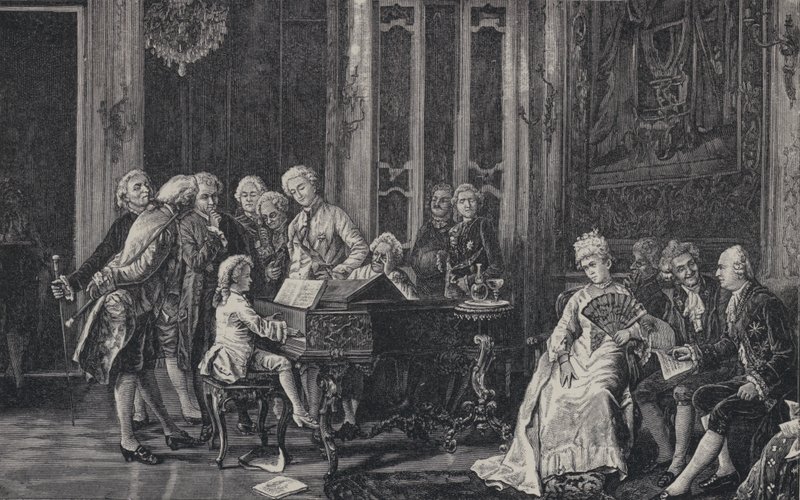 लन्दन में किंग जॉर्ज III, 1764 से पहले सात वर्षीय वोल्फगैंग अमेडस मोजार्ट खेल रहे थे द्वारा फ्रेंच स्कूल