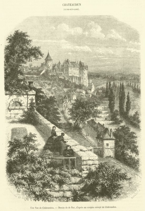 Chateaudun का एक दृश्य (उत्कीर्णन) द्वारा फ्रेंच स्कूल