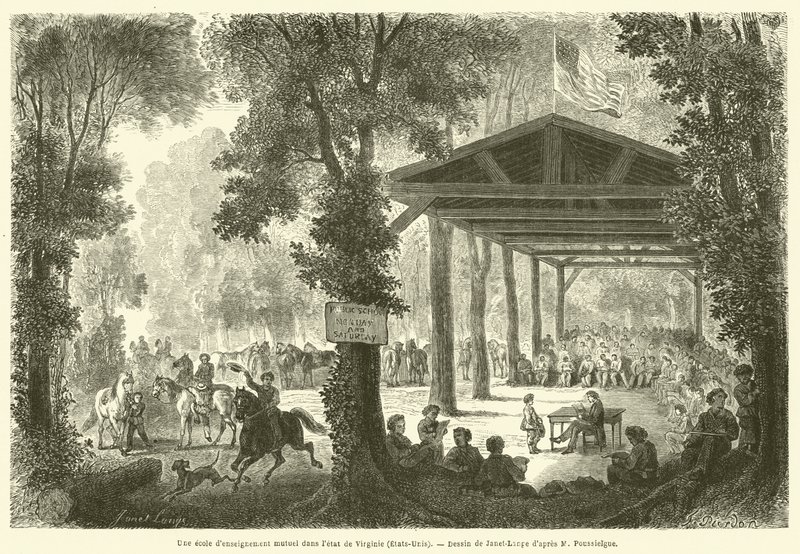 वर्जीनिया (संयुक्त राज्य) राज्य में एक पारस्परिक शिक्षा विद्यालय (उत्कीर्णन) द्वारा फ्रेंच स्कूल