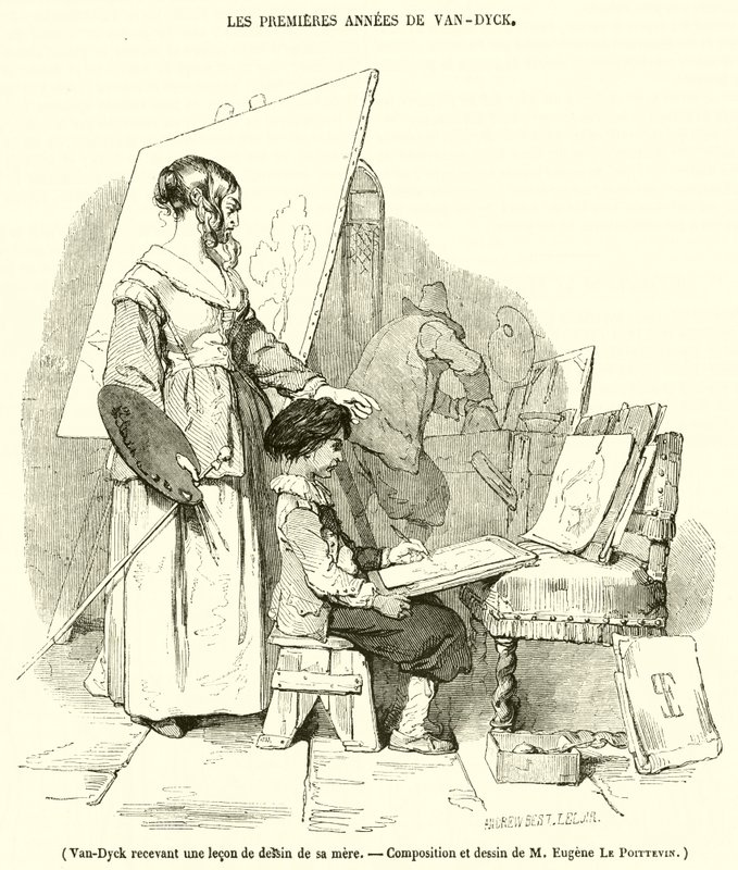 वैन-डिक अपनी मां से एक ड्राइंग सबक प्राप्त करते हुए (उत्कीर्णन) द्वारा फ्रेंच स्कूल
