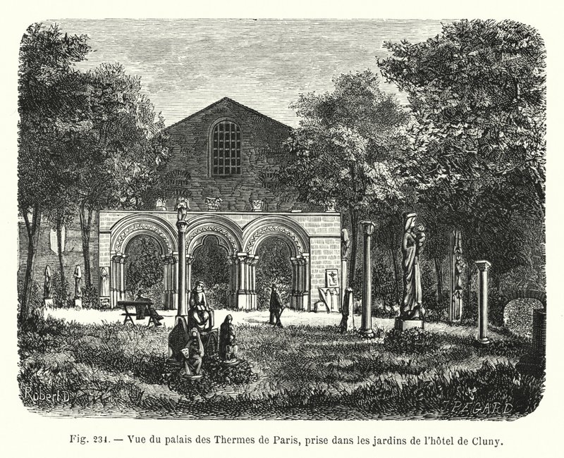Hotel de Cluny (उत्कीर्णन) के बगीचों में लिया गया, Palais des Thermes de Paris का दृश्य द्वारा फ्रेंच स्कूल
