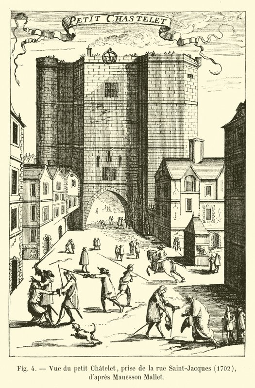 नन्ही चाटलेट का दृश्य, रूए सेंट-जैक्स, 1702, मैनसन मैलेट से लिया गया द्वारा फ्रेंच स्कूल