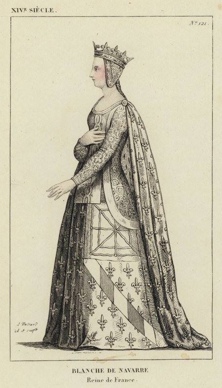 XIV Siecle, Blanche de Navarre, Reine de France (रंगीन उत्कीर्णन) द्वारा फ्रेंच स्कूल