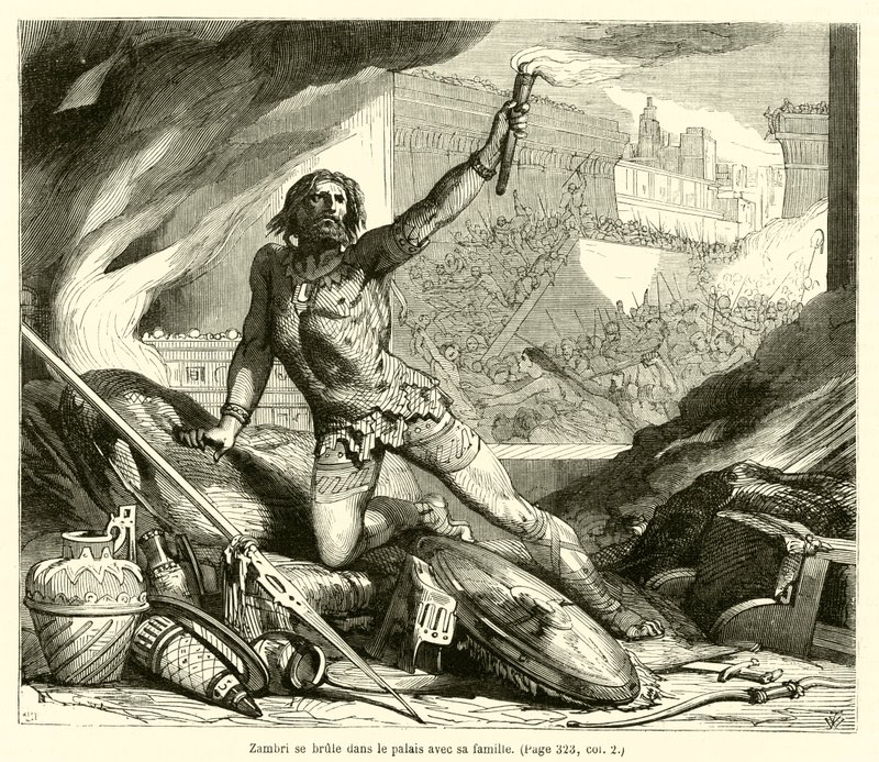 ज़ांबरी अपने परिवार के साथ महल में जलता है (उत्कीर्णन) द्वारा फ्रेंच स्कूल