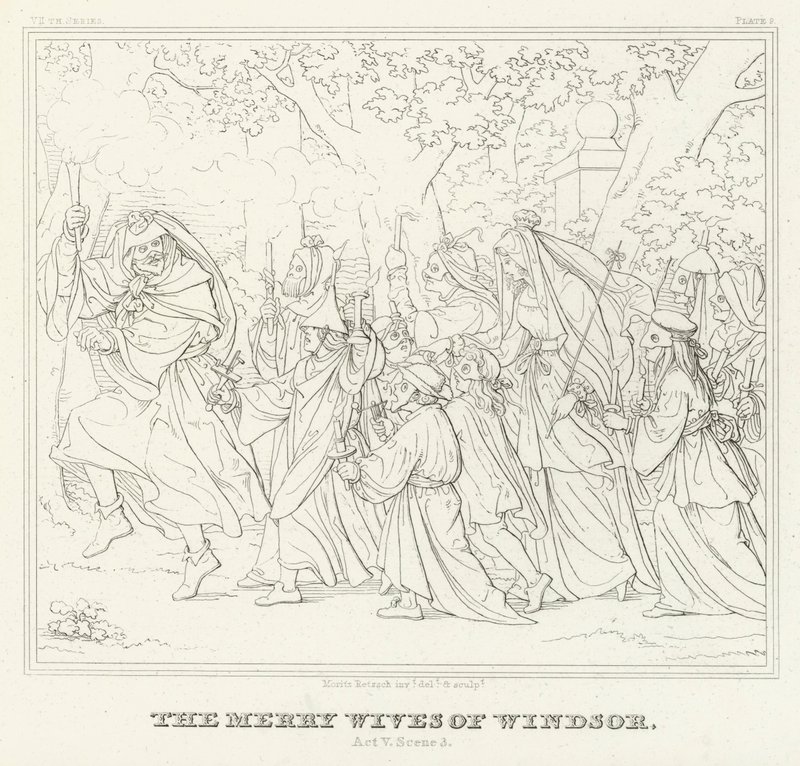 विंडसर की मीरा पत्नी, अधिनियम V, दृश्य 3 (उत्कीर्णन) द्वारा फ्रेडरिक अगस्त मोरित्ज़ रिट्ज़स्च