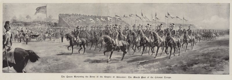 औपनिवेशिक साम्राज्य की सेना की समीक्षा करती रानी, औपनिवेशिक सैनिकों के मार्च पास्ट की द्वारा जीएस अमतो