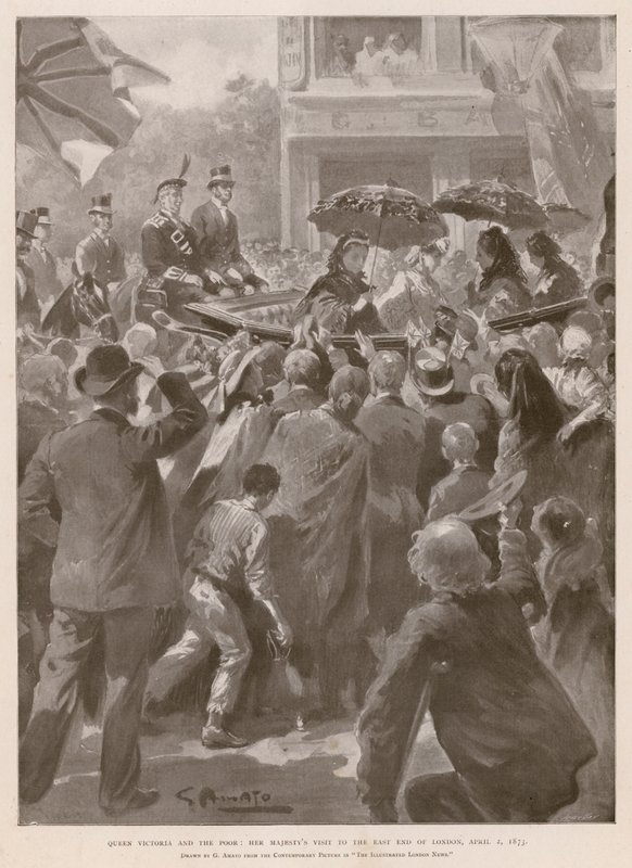 महारानी विक्टोरिया और गरीब: लंदन के पूर्वी छोर पर जाने वाली रानी, 2 अप्रैल 1873 (फोटोग्राव्योर) द्वारा जीएस (बाद) अमातो