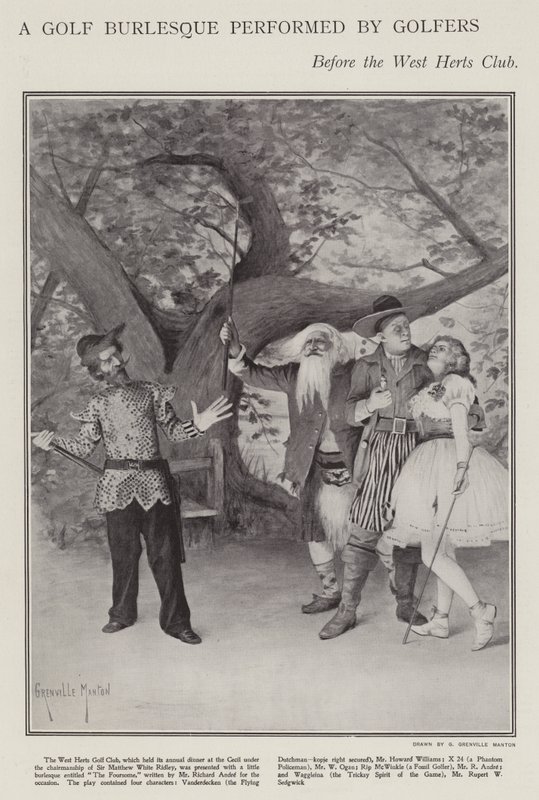 वेस्ट हर्ट्स क्लब के वार्षिक रात्रिभोज (लिथो) में गोल्फरों द्वारा किया गया एक गोल्फ बर्लेस्क द्वारा जी। ग्रेनविल मंथन
