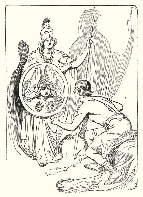 पर्सियस: "ढाल के दर्पण में एक चेहरा दिखाई दिया" (लिथो) द्वारा जॉर्ज सॉपर