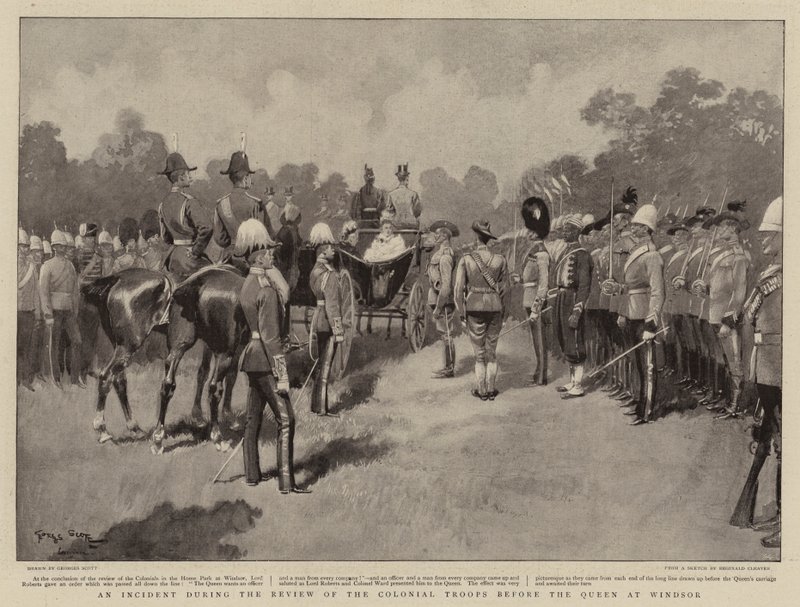 विंडसर में रानी से पहले औपनिवेशिक सैनिकों की समीक्षा के दौरान एक घटना द्वारा जॉर्जेस बर्टिन स्कॉट
