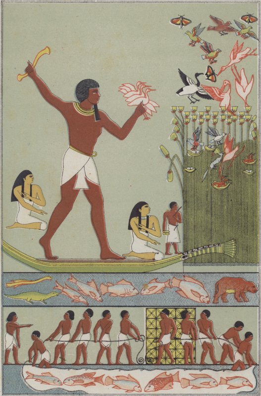 प्राचीन मिस्रवासी मछली पकड़ने और शिकार करने वाले पक्षी (रंग लिथो) द्वारा जर्मन स्कूल