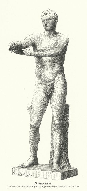 Apoxyomenos, एक एथलीट की मूर्ति जो एक स्ट्रिगिल (उत्कीर्णन) के साथ अपने शरीर से पसीना और धूल झाड़ता है द्वारा जर्मन स्कूल
