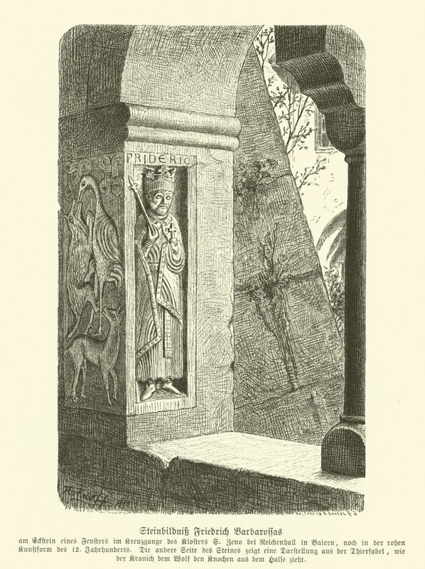 फ्रेडरिक बारब्रोसा, पवित्र रोमन सम्राट (उत्कीर्णन) की नक्काशीदार पत्थर की छवि द्वारा जर्मन स्कूल