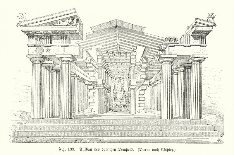 एक प्राचीन यूनानी डोरिक मंदिर का निर्माण (उत्कीर्णन) द्वारा जर्मन स्कूल