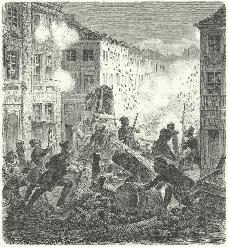 कोलन टाउन हॉल, बर्लिन के सामने एक बैरिकेड पर लड़ाई, 1848 की क्रांति (उत्कीर्णन) द्वारा जर्मन स्कूल