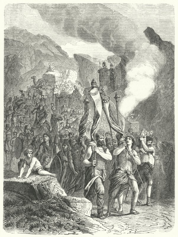 यहोशू वादा किए गए देश में इस्राएलियों का नेतृत्व कर रहा है (उत्कीर्णन) द्वारा जर्मन स्कूल