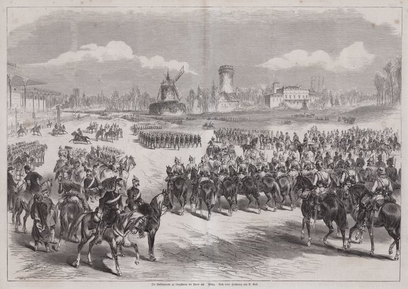 जर्मनी के कैसर विल्हेम I, लॉन्गचैम्प, पेरिस, फ्रांस में मार्च 1871 में अपनी सेना की परेड देख रहे हैं (उत्कीर्णन) द्वारा जर्मन स्कूल