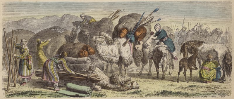 किर्गिज़ खानाबदोश दक्षिणी साइबेरिया में अपना शिविर स्थापित कर रहे हैं (रंगीन उत्कीर्णन) द्वारा जर्मन स्कूल
