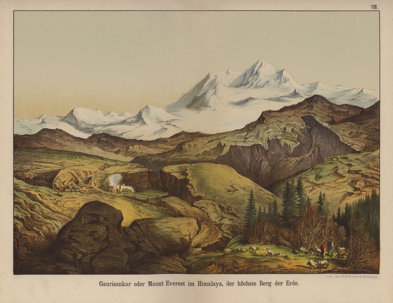 माउंट एवरेस्ट, पृथ्वी का सबसे ऊँचा पर्वत (कलर लिथो) द्वारा जर्मन स्कूल