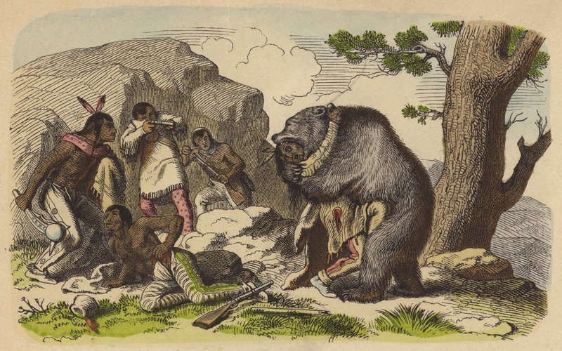 अमेरिकी मूल-निवासी भालू का शिकार करते हैं (रंगीन उत्कीर्णन) द्वारा जर्मन स्कूल