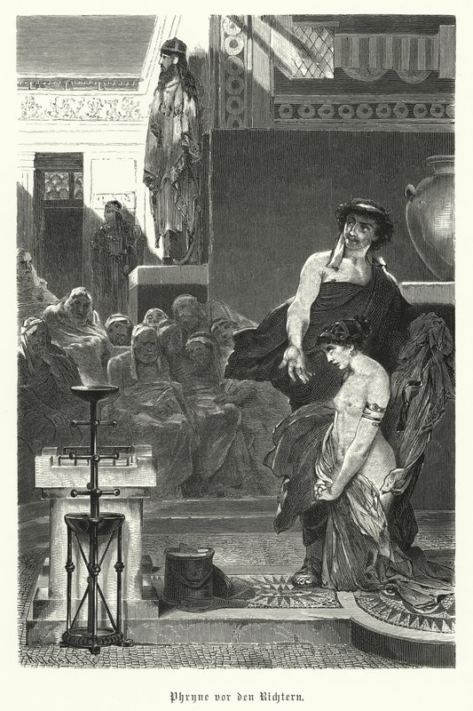 Phryne, प्राचीन यूनानी शिष्टाचार, अधर्म के लिए परीक्षण पर, चौथी शताब्दी ईसा पूर्व (उत्कीर्णन) द्वारा जर्मन स्कूल