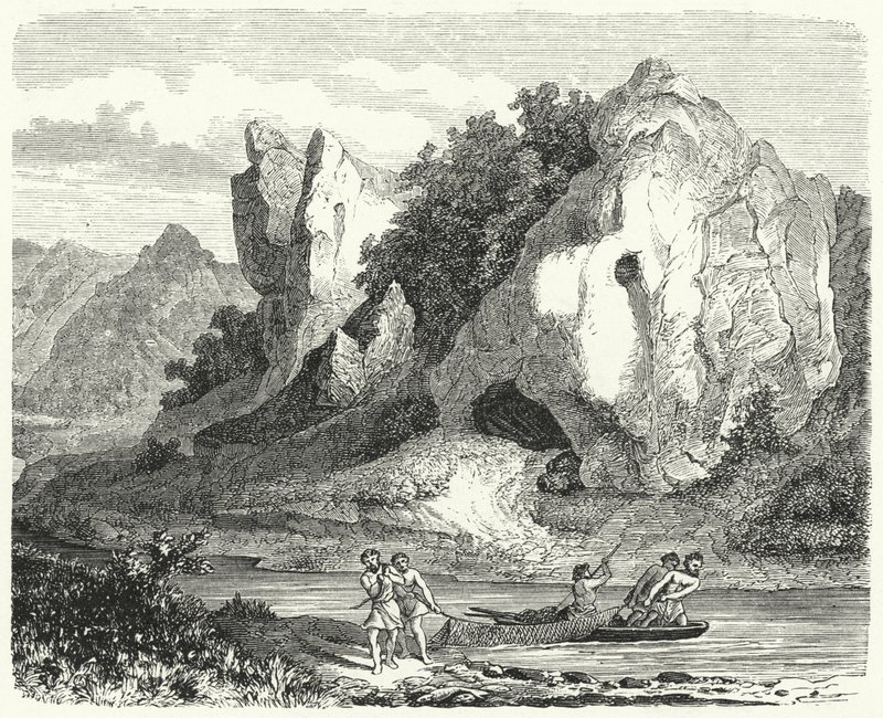 जाल के साथ मछली पकड़ने वाले प्रागैतिहासिक पुरुष (उत्कीर्णन) द्वारा जर्मन स्कूल