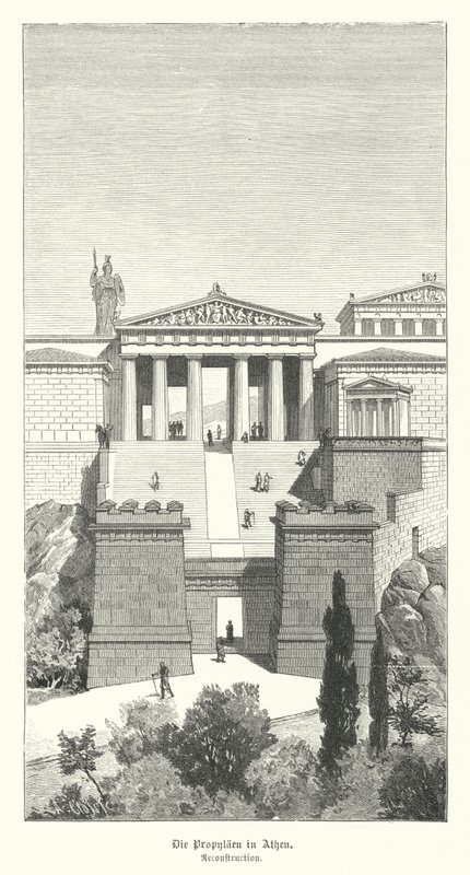 Propylaea, एथेंस के एक्रोपोलिस का प्रवेश द्वार, प्राचीन ग्रीस (उत्कीर्णन) द्वारा जर्मन स्कूल