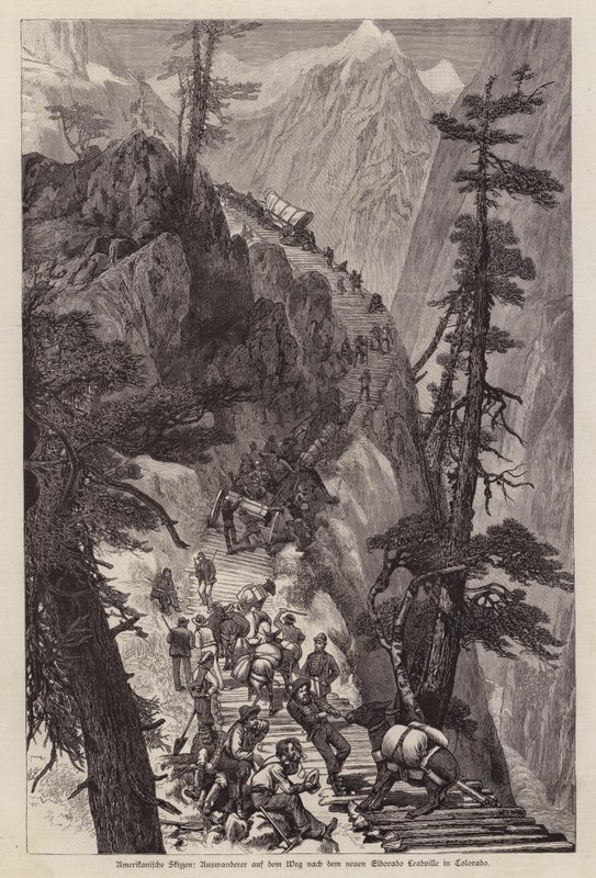लीडविले, कोलोराडो, यूएसए (उत्कीर्णन) की चांदी की खदानों तक पहुंचने के लिए रॉकी पर्वत के माध्यम से प्रॉस्पेक्टर द्वारा जर्मन स्कूल