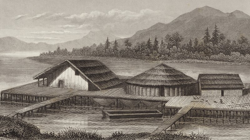 एक प्राचीन झील गांव का पुनर्निर्माण। बिल्डर-एटलस के लिए चित्रण (उत्कीर्णन) द्वारा जर्मन स्कूल