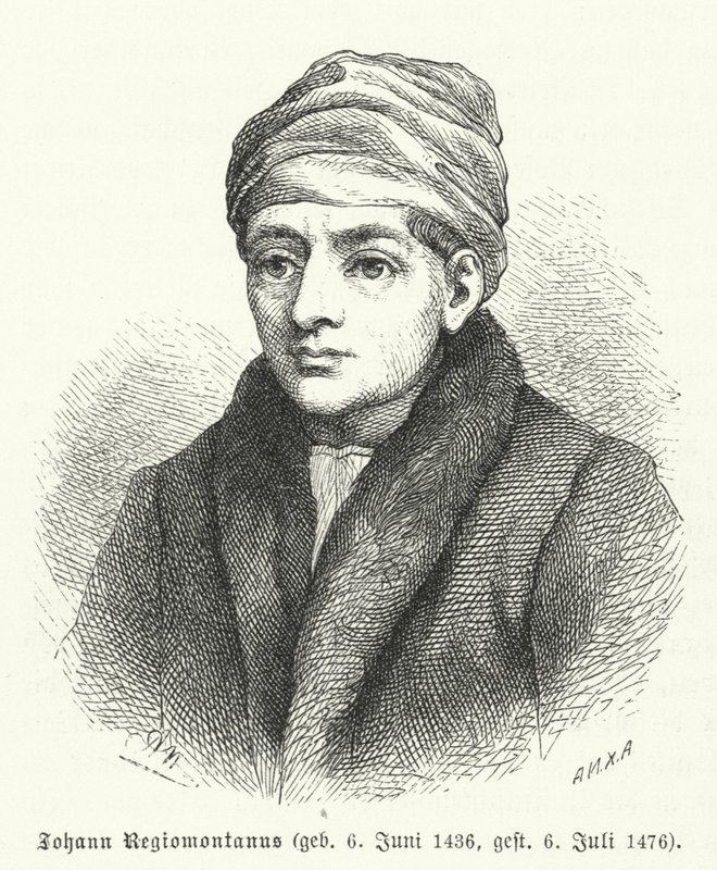 रेजियोमोंटानस, जर्मन पुनर्जागरण गणितज्ञ और खगोलशास्त्री (उत्कीर्णन) द्वारा जर्मन स्कूल