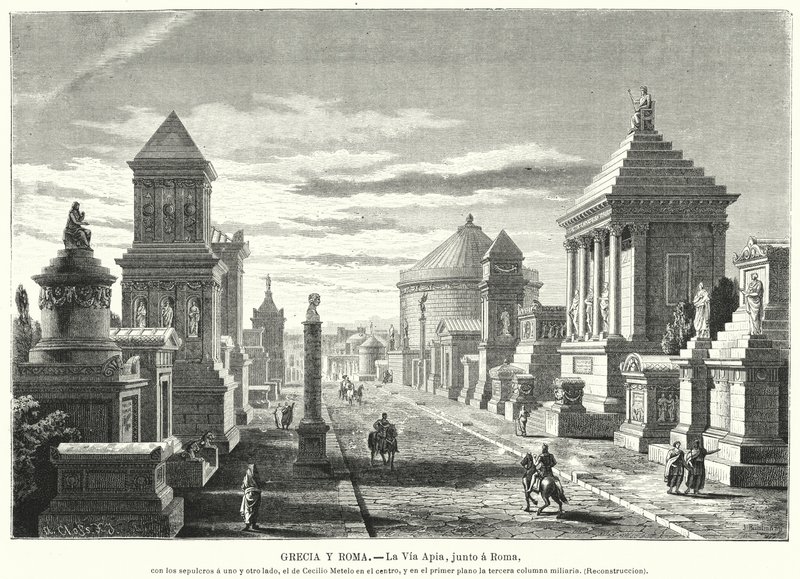 थ्री माइल मार्कर (लिथो) पर एपियन वे के किनारे रोमन मकबरे द्वारा जर्मन स्कूल