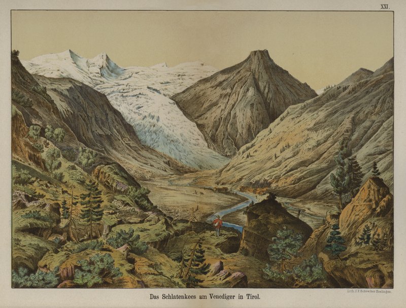 वेनेडिगर, टायरॉल, ऑस्ट्रिया (रंग लिथो) पर श्लेटेन्कीस ग्लेशियर द्वारा जर्मन स्कूल