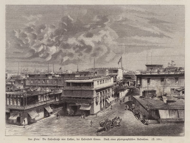 कैलाओ के बंदरगाह की ओर जाने वाली सड़क, लीमा का बंदरगाह, पेरू (उत्कीर्णन) द्वारा जर्मन स्कूल