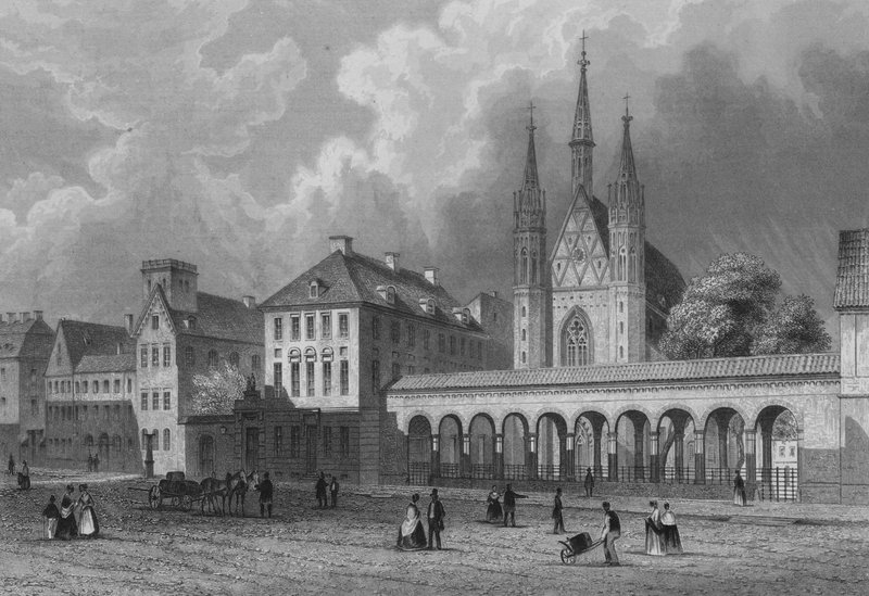 Klosterkirche और Klosterstrasse, बर्लिन (इस्पात उत्कीर्णन) द्वारा जर्मन स्कूल
