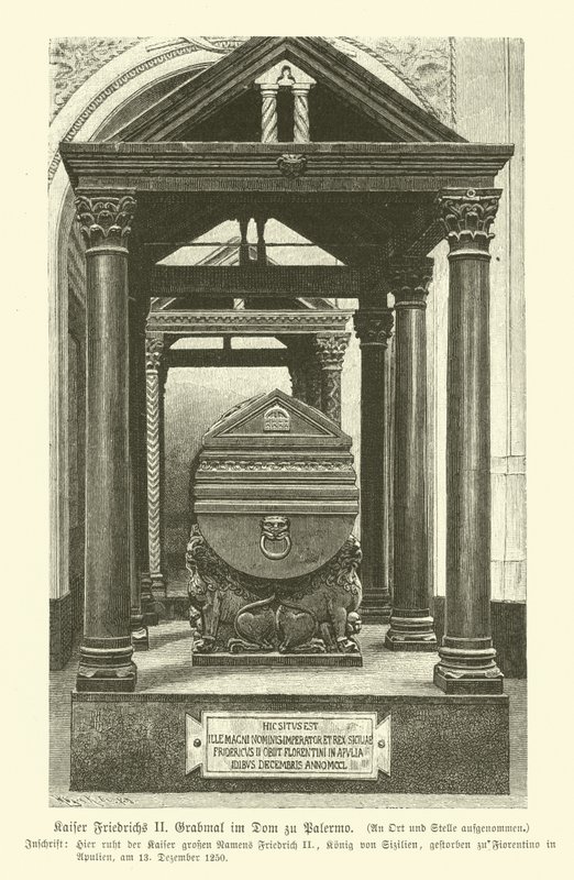 फ्रेडरिक द्वितीय का मकबरा, पवित्र रोमन सम्राट, पलेर्मो कैथेड्रल, सिसिली में (उत्कीर्णन) द्वारा जर्मन स्कूल