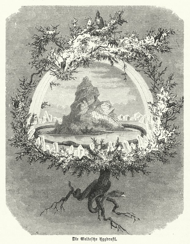 Yggdrasil, नॉर्स ब्रह्मांड विज्ञान का पौराणिक राख वृक्ष (उत्कीर्णन) द्वारा जर्मन स्कूल