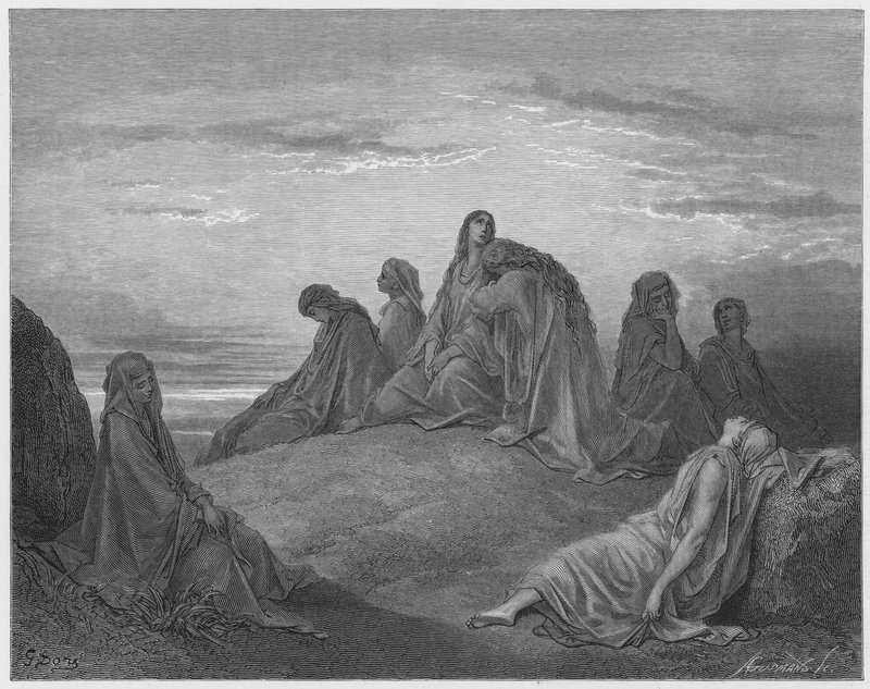 गुस्तावे डोवर बाइबल: इस्राएल की बेटियाँ जेफ्था की बेटी को विलाप करती हुई द्वारा गुस्ताव डोर