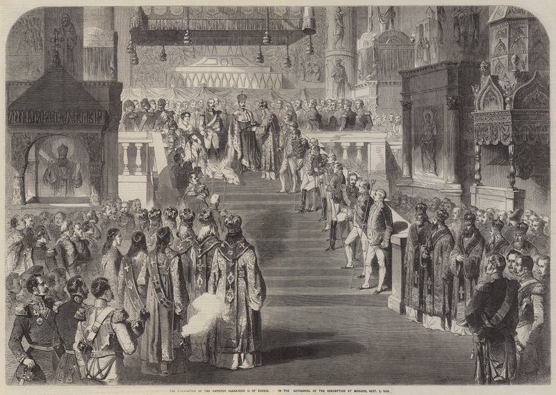 रूस के सम्राट अलेक्जेंडर द्वितीय का राज्याभिषेक कैथेड्रल में हुआ द्वारा गुस्ताव जेनेट