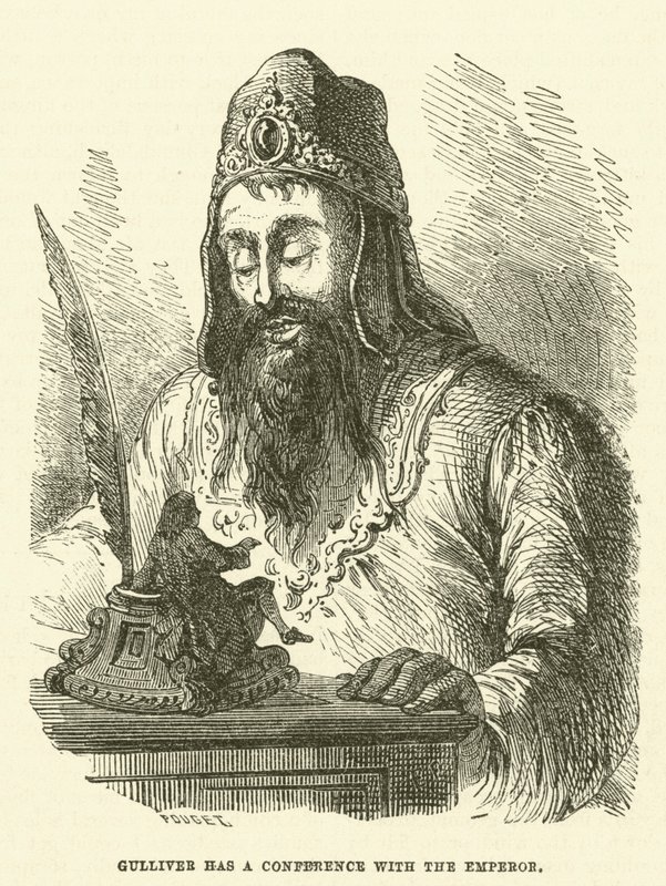 गुलिवर का सम्राट के साथ एक सम्मेलन है (उत्कीर्णन) द्वारा हैब्लोट नाइट ब्राउन के बाद