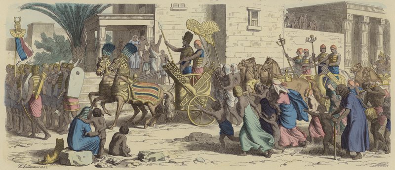 एक प्राचीन मिस्र का फिरौन युद्ध के लिए रवाना हुआ (रंगीन उत्कीर्णन) द्वारा हेनरिक लेउटेमन