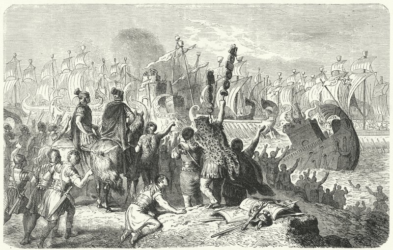 एक्टियम की लड़ाई, 31 ईसा पूर्व (उत्कीर्णन) द्वारा हेनरिक लेउटेमन