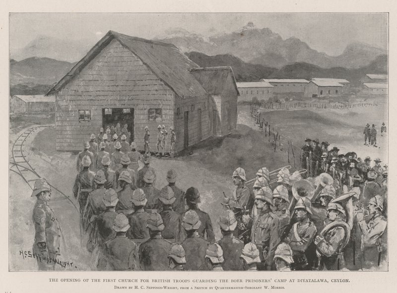 डायलाटावा, सीलोन में बोअर कैदियों के शिविर की रखवाली करने वाले ब्रिटिश सैनिकों के लिए पहला चर्च का उद्घाटन द्वारा हेनरी चार्ल्स सेपिंग्स राइट