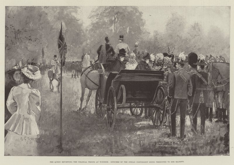महारानी ने विंडसोर में औपनिवेशिक सैनिकों की समीक्षा की, भारतीय आकस्मिकता के अधिकारियों को महामहिम के सामने पेश किया गया द्वारा हेनरी चार्ल्स सेपिंग्स राइट