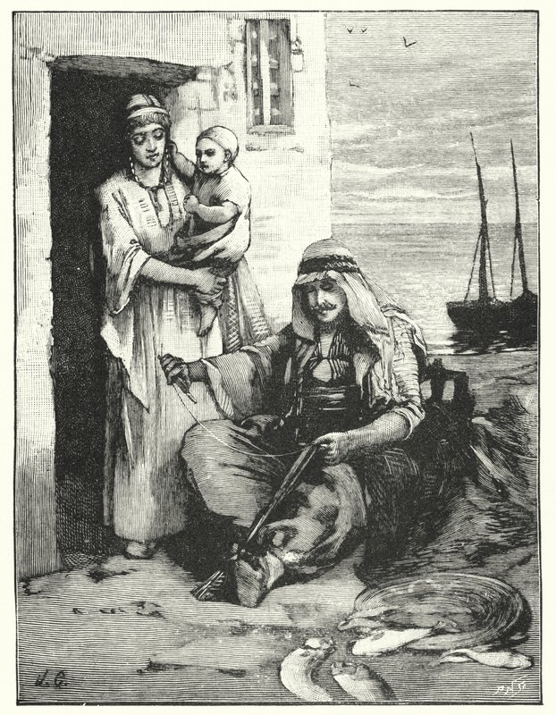 एक मछुआरा अपना जाल सुधार रहा है, तिबरियास का सागर (लिथो) द्वारा हेनरी एंड्रयू हार्पर