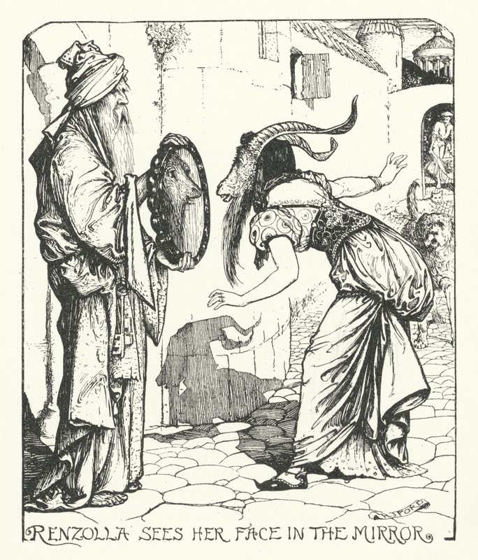 रेन्ज़ोला आईने में अपना चेहरा देखती है (उत्कीर्णन) द्वारा हेनरी जस्टिस फोर्ड