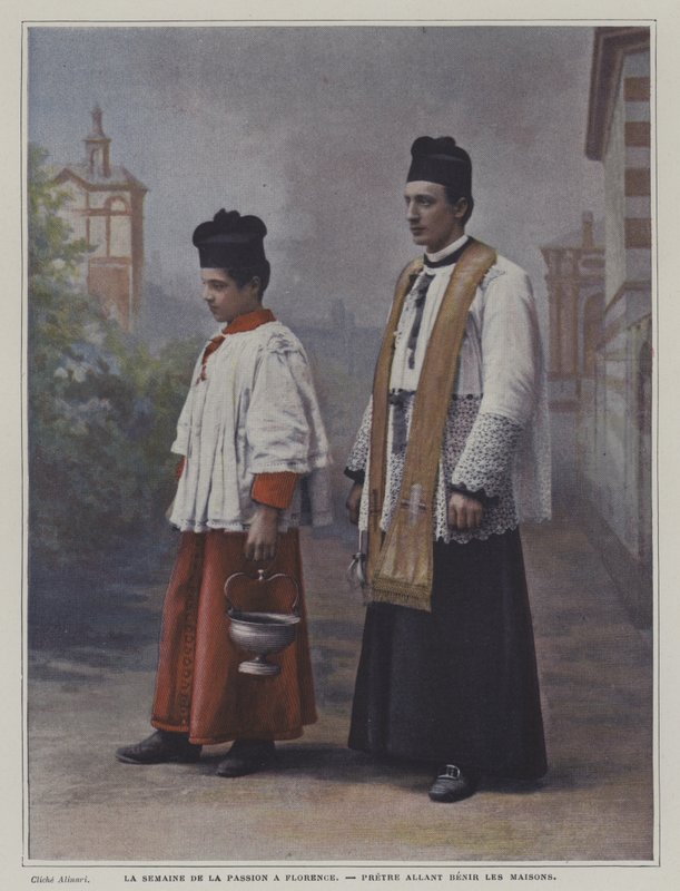 फ्लोरेंस में पवित्र सप्ताह: घरों को आशीर्वाद देने के लिए एक पुजारी (रंगीन फोटो) द्वारा इतालवी फोटोग्राफर