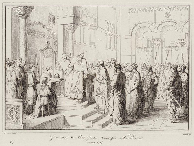 Giovanni II Partecipazio ने डची को त्याग दिया, 887 (उत्कीर्णन) द्वारा इतालवी स्कूल