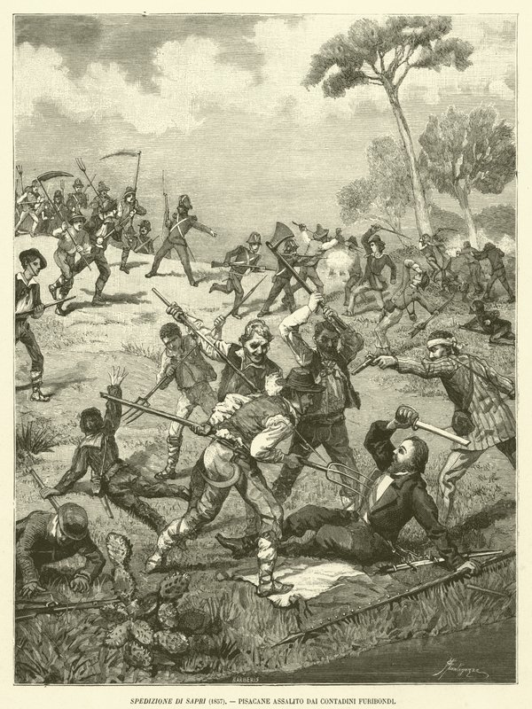 सप्री का अभियान (1857), पिसाकेन पर उग्र किसानों द्वारा हमला (उत्कीर्णन) द्वारा इतालवी स्कूल