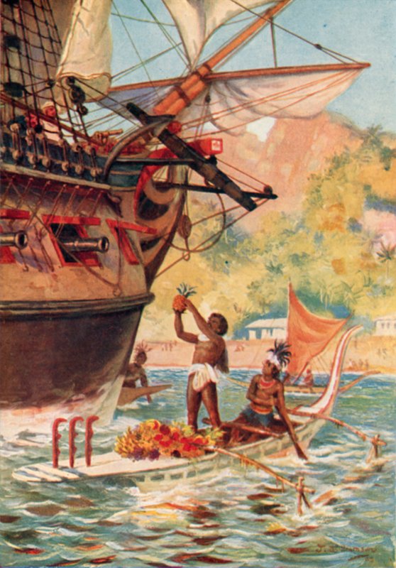 Marquesas आइलैंडर्स कैप्टन कुक्स अभियान के साथ फल को रोकते हैं द्वारा जे। विलियमसन