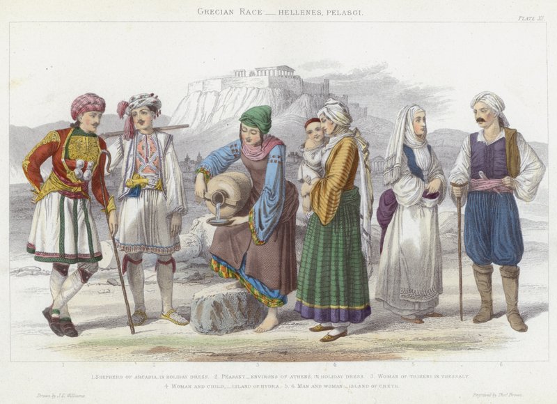 ग्रीसियन रेस, हेलेन्स, पेलास्गी (रंगीन उत्कीर्णन) द्वारा जेएल (बाद) विलियम्स